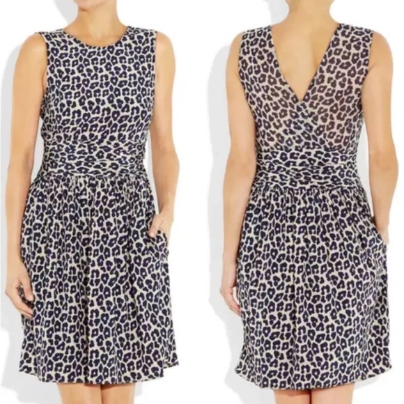 3.1 PHILLIP LIM Silk Cheetah Print Dress Designer Drop Waist‎ Lined Beige Navy 4 - Picture 1 of 7